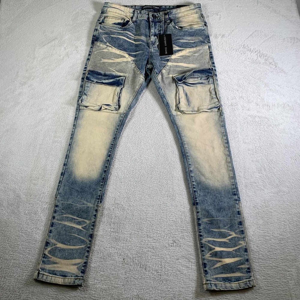 Legendary Status Jeans Mens 32x31 Blue Acid Wash Skinny‎ Denim Cargo Pockets NEW